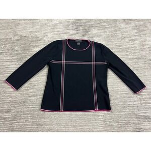 Finity Sweater Women M Black Pink Grid Crew Neck 3/4 Sleeve Modern Contrast Trim